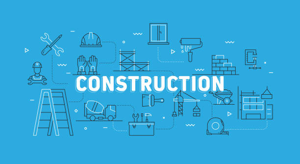 건설 관련 아이콘이있는 현대 라인 배너 - construction plan electricity blueprint stock illustrations