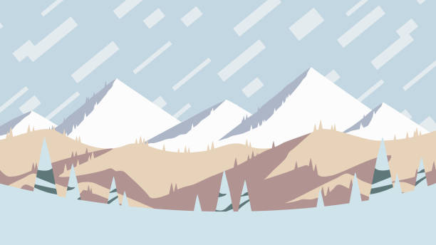 ilustraciones, imágenes clip art, dibujos animados e iconos de stock de temporada de vacaciones de invierno en montañas nevadas, diseño plano de diseño horizontal ilustración de póster. - sunset winter mountain peak european alps