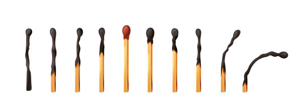 istock Burnt match stick with fire. Set of matchsticks with sulfur head flaming stages from ignition to extinction. Cartoon spark bonfire vector illustration 1407330019