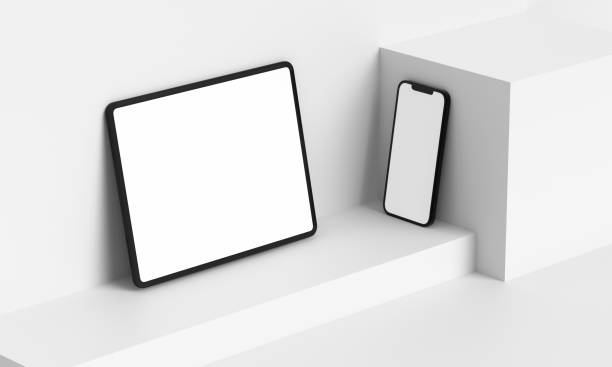 illustration 3d render of isometric rectangles simulating a telephone in a 3d space with blank spaces. from different perspectives and views to help rock up for applications. ipad iphone - ipad 3 ipad white digital tablet imagens e fotografias de stock
