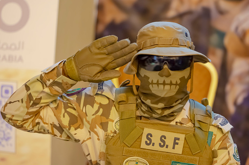 Saudi security force man in Janadriyah Festival Essay February 23, 2018 in Riyadh, Saudi Arabia. army Saudi
