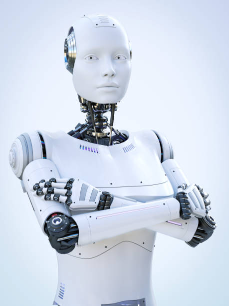 istock 3D rendering of a female android with arms crossed. 1407332535