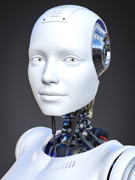 istock 3D rendering of a female android robot head in front view. 1407332541