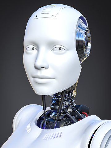 3D rendering head portrait of an android robot woman front view. Dark background. Artificial intelligence concept.