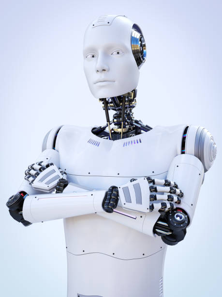 istock 3D rendering of a male android with arms crossed. 1407332545