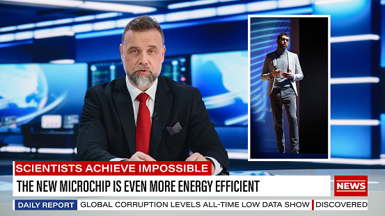 Split Screen TV News Live Report: Anchorman Talks. Reportage Montage: Male Newscaster Reviews Tech Presentation With CEO Announcing New Microchip. Television Program On Cable Channel Concept.