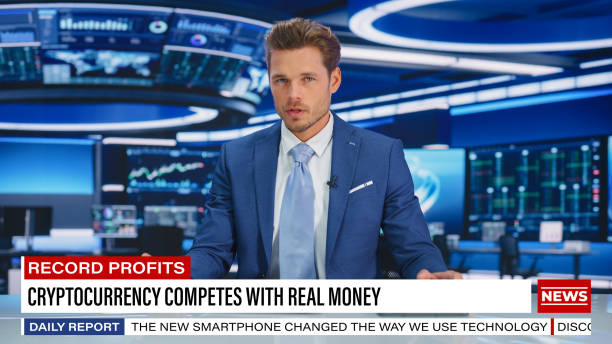 istock TV Live News Program: Charismatic White Male Presenter Reporting. Television Cable Channel Anchorman or Host Talking about Important Events. Network Broadcast Mock-up. Modern Newsroom Studio 1407333543