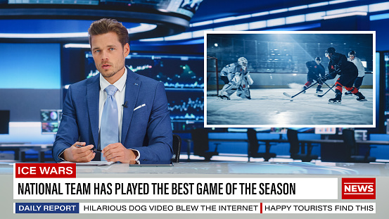 Split Screen TV News Live Report: Anchor Talks. Reportage Montage: National Team Played The Best Game In Season. Local Hockey Players Defeated Opponents. Television Program On Cable Channel Concept.