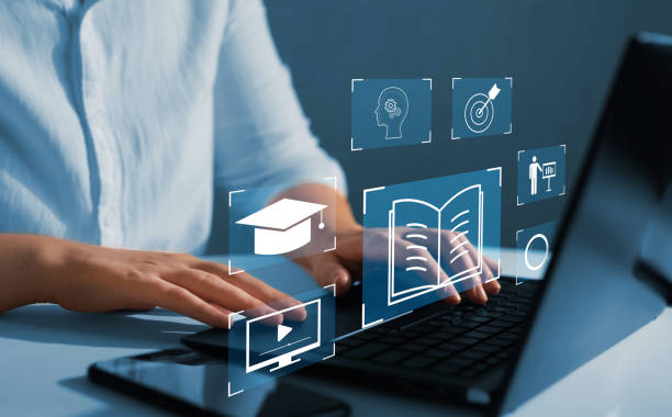 istock Education on internet Technology. E-learning education and internet lessons. Person who attends online lessons on a digital screen 1407333648