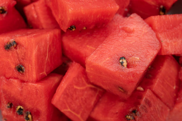 top view fresh watermelon blocks close up stock photo