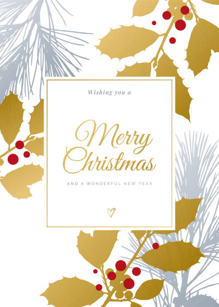 kartka świąteczna z wiecznie zielonymi sylwetkami. - backgrounds metallic gold christmas stock illustrations