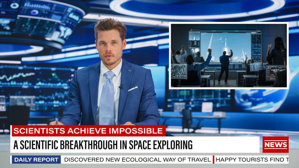 istock Split Screen TV News Live Report: Anchor Talks. Reportage Montage: Scientists Achieved Great Result In Space Exploration, Researchers Monitoring Launch From Control Center. Television Channel Concept. 1407334362