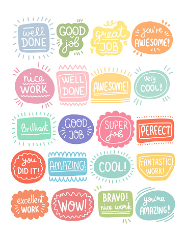 Job and great job stickers logo set. School reward, encouragement sign, stamp. Student icon. Success, congrats, excellent work label. Awesome homework, well done. Vector illustration