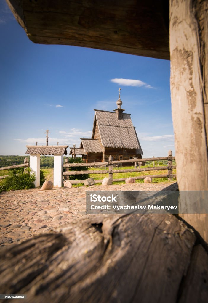 Log Church of the Resurrection of Christ. City of Ples, Ivanovo region. Ancient Stock Photo