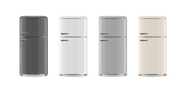 vektor 3d realistisches schwarz, weiß, grau, beige kühlschrank symbol set isoliert. vertikale kühlschränke. geschlossene kühlschränke. designvorlage, modell des kühlschranks. vorderansicht - refrigerator domestic kitchen magnet door stock-grafiken, -clipart, -cartoons und -symbole