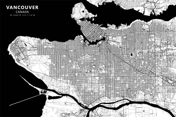 Vancouver, BC, Canada Vector Map Poster Style Topographic / Road map of Vancouver, British Columbia, Canada. Map data is open data via openstreetmap contributors. All maps are layered and easy to edit. Roads are editable stroke. road map of canada stock illustrations