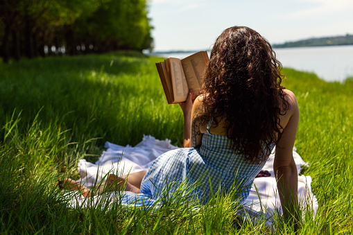 Rear view of women reading in nature at picnic