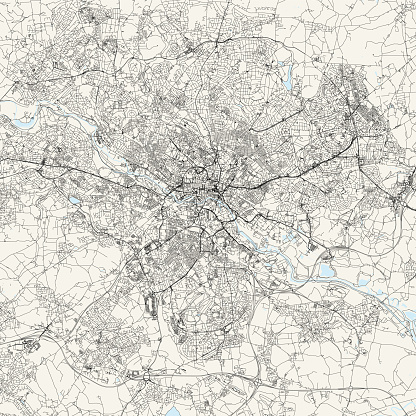 Topographic / Road map of Leeds, United Kingdom. Map data is open data via openstreetmap contributors. All maps are layered and easy to edit. Roads are editable stroke.
