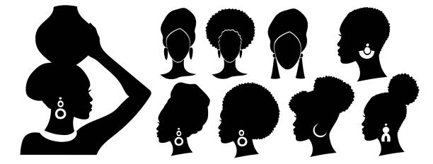 ilustrações, clipart, desenhos animados e ícones de um conjunto de silhuetas de uma mulher afro-americana. - afro women african descent silhouette