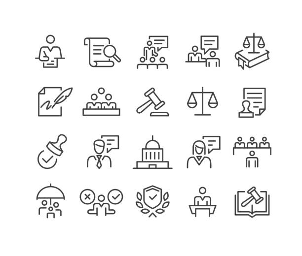 ilustrações, clipart, desenhos animados e ícones de ícones da corte - série clássica de linhas - sistema legal