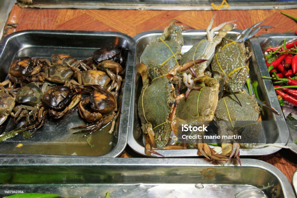 Sea crabs and land crabs displayed for grilling Sea crabs and land crabs displayed for grilling at a street food stall in the night market of Mondulkiri, Cambodia Asia Stock Photo