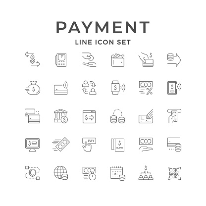 Set line icons of payment isolated on white. POS terminal, financial website, worldwide transaction, QR code, bank, money sending, cash receipt, wireless credit card. Vector illustration