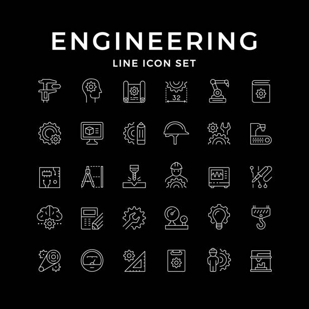 ilustrações de stock, clip art, desenhos animados e ícones de set line icons of engineering - drawing compass caliper computer icon work tool