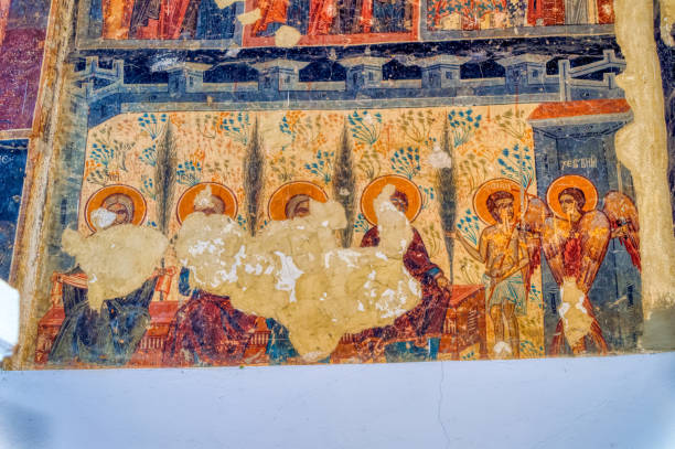 istock Medieval wall decorations inside orthodox church. 1407347692