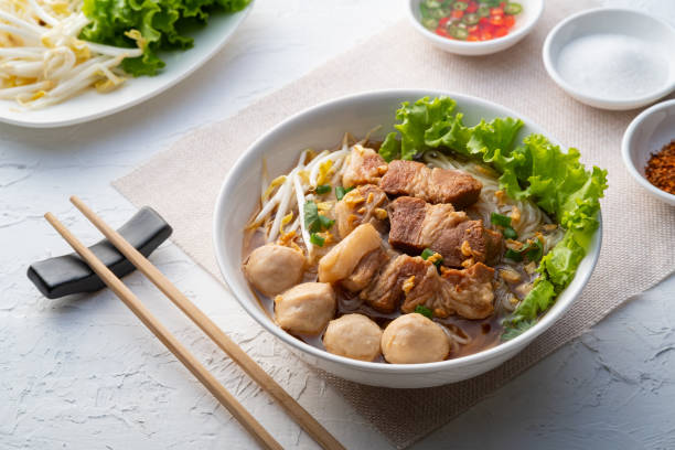 Thai Braised pork Noodle Soup. Close up of a bowl of Thai Braised pork Noodle Soup. Beef Stew stock pictures, royalty-free photos & images