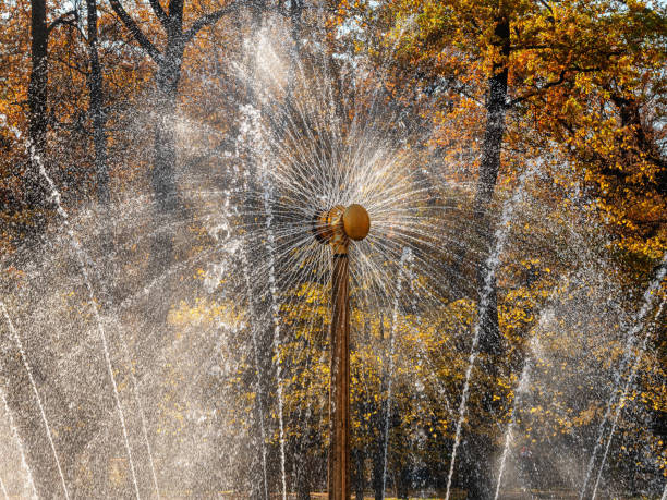 Peterhof in autumn, Nizhniy Park. The Sun Fountain. stock photo