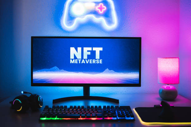 istock Metaverse and Blockchain Technology Concept - Gaming room displaying gamer NFT marketplace on computer screen 1407352425