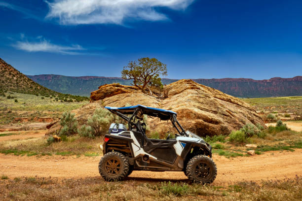 istock 4 wheeler ATV and side by side UTV with rock formation and mountain range in the background. 1407352932