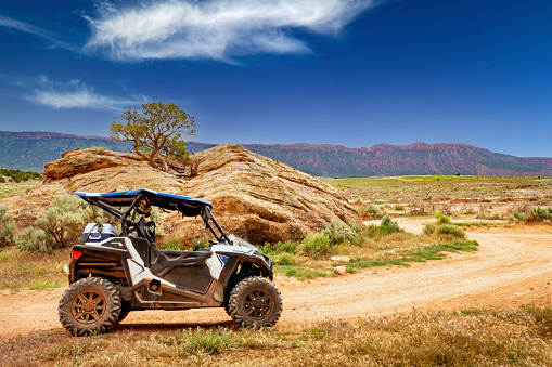 4 wheeler ATV and side by side UTV with rock formation and mountain range in the background.