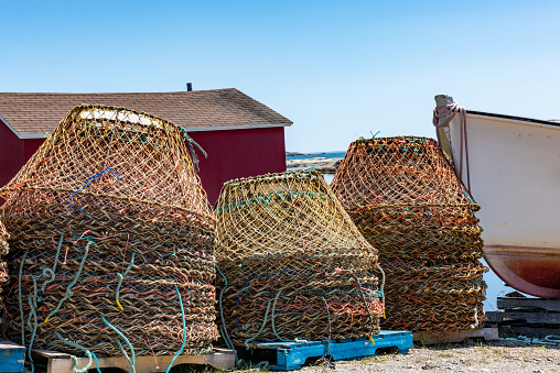 Fisherman huts and old boats in Blue Rocks community, Nova Scotia, Canada