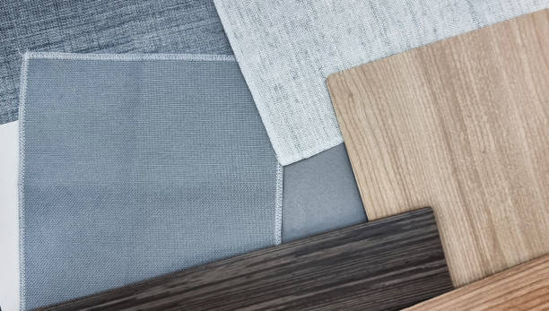 istock close up interior material samples for japanese minimal style contains oak laminated, walnut veneer, grey linen drapery. combination of material samples for schematic and selection. mood board. 1407354350