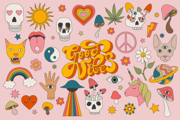 1970 groovy psychedelic clipart Set. Hippie 70s collection. 1970 groovy psychedelic clipart Set. Hippie 70s collection. Funny cartoon rainbow, peace, heart, daisy, acid mushroom. Sticker pack in trendy retro colors. Isolated vector illustration. Good vibes. flower clipart stock illustrations