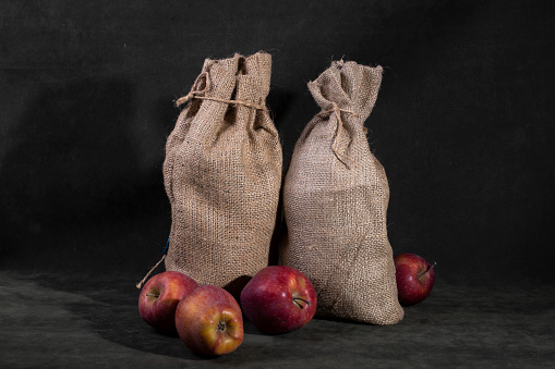 Still life with two burlap bags and ripe apples