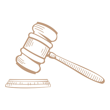 Hand drawn judge gavel sketch. Isolated on white.