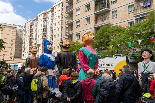District of San Jorge, Pamplona, Navarra, April 22nd, 2022. First festivities 2 years after the pandemic. Txupinazo, giants and big heads, kilikis, zaldikos, bagpipes, txistularis, trikitixa.