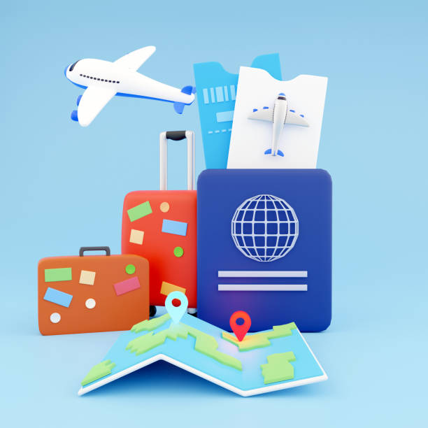 istock 3d render travel with airplane. 3d render passport with tickets. 3d render map and suitcases 1407359727