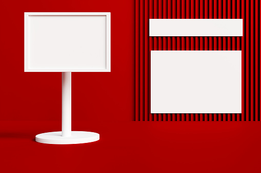 Product presentation platform and empty billboards on the red background, advertisement stage with copy space