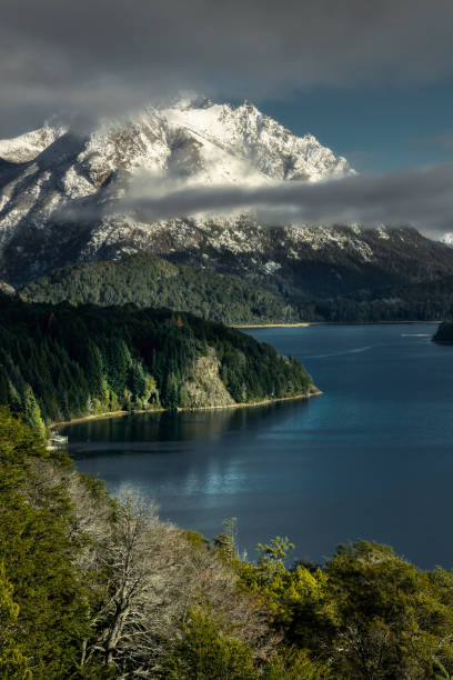 Argentinian patagonia landscape with snowcapped mountains, lakes and trees