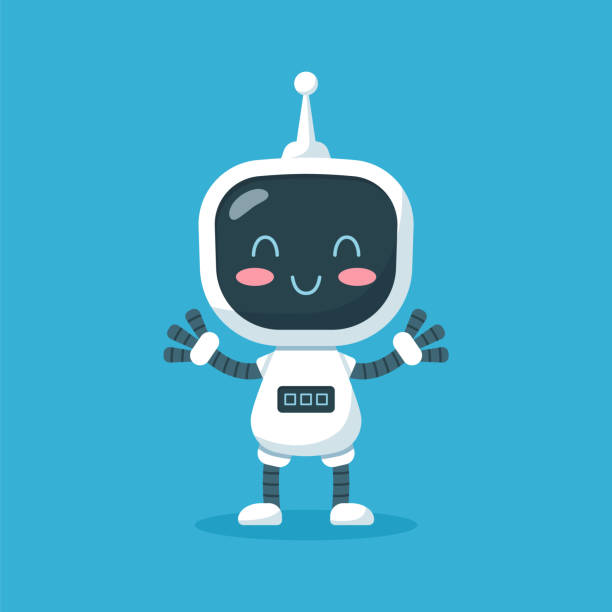 가슴에 디지털 화면과 손을 흔드는 안테나가있는 행복한 로봇, 파란색 배경에 고립 된 평면 벡터 일러스트레이션. - friendly match stock illustrations