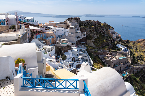 Panoramic view of Oia with the castle dominating the village, Santorini, Greece