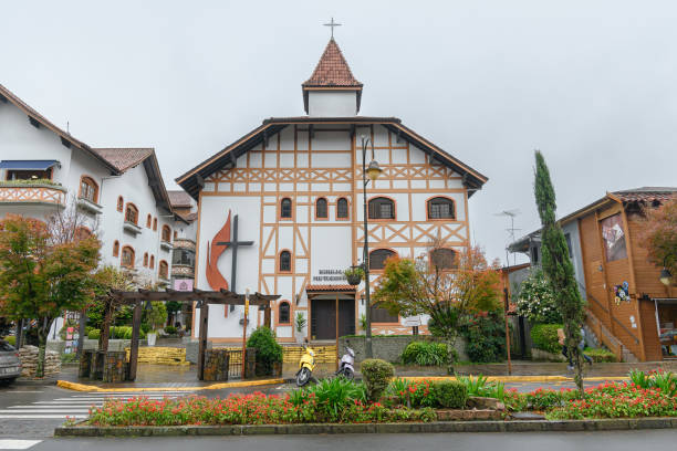 Methodist Church on Borges de Medeiros avenue Gramado, RS, Brazil - May 19, 2022: view of Methodist Church on Borges de Medeiros avenue. methodist stock pictures, royalty-free photos & images