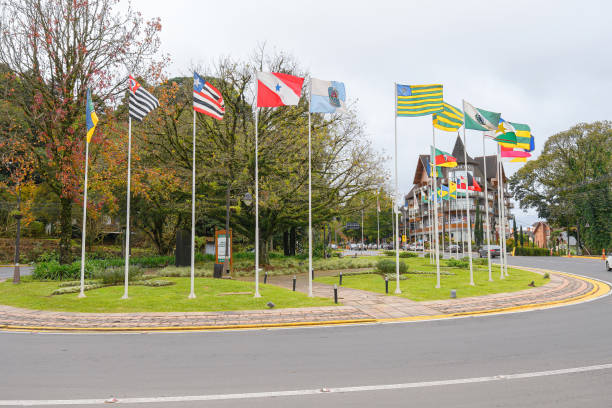 Gramado, RS, Brazil - May 19, 2022: the Rotula das Bandeiras on Leopoldo Rosenfeldt square. Square with the flags of all the brazilian states.