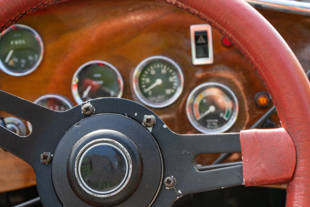 istock selective focus of steering wheel and dashboard of classic car 1407365357