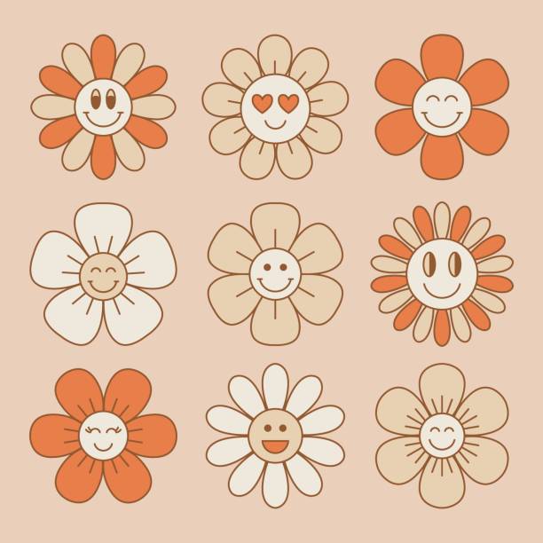 Cute and smiling flower collection in retro 70s style. Vintage floral patches. Cute and smiling flower collection in retro 70s style. Vintage floral patches. Vector illustration. kid stickers stock illustrations