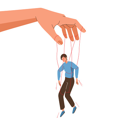 Manipulator concept vector illustration. Puppet master hand manipulate man via ropes. Control domination exploitation background