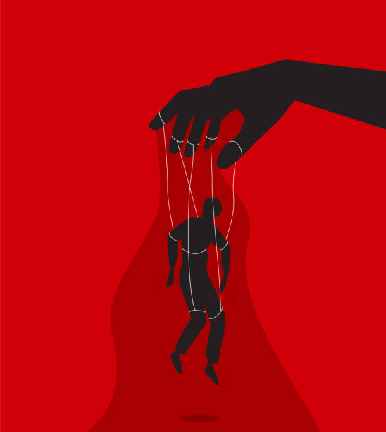 illustrations, cliparts, dessins animés et icônes de illustration vectorielle du concept de manipulateur. la main du maître de marionnette manipule la silhouette de l’homme. contexte d’exploitation de la domination de contrôle - brain wash